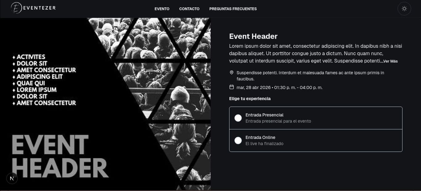 Vista del módulo de ticketing de Eventezer en modo oscuro.