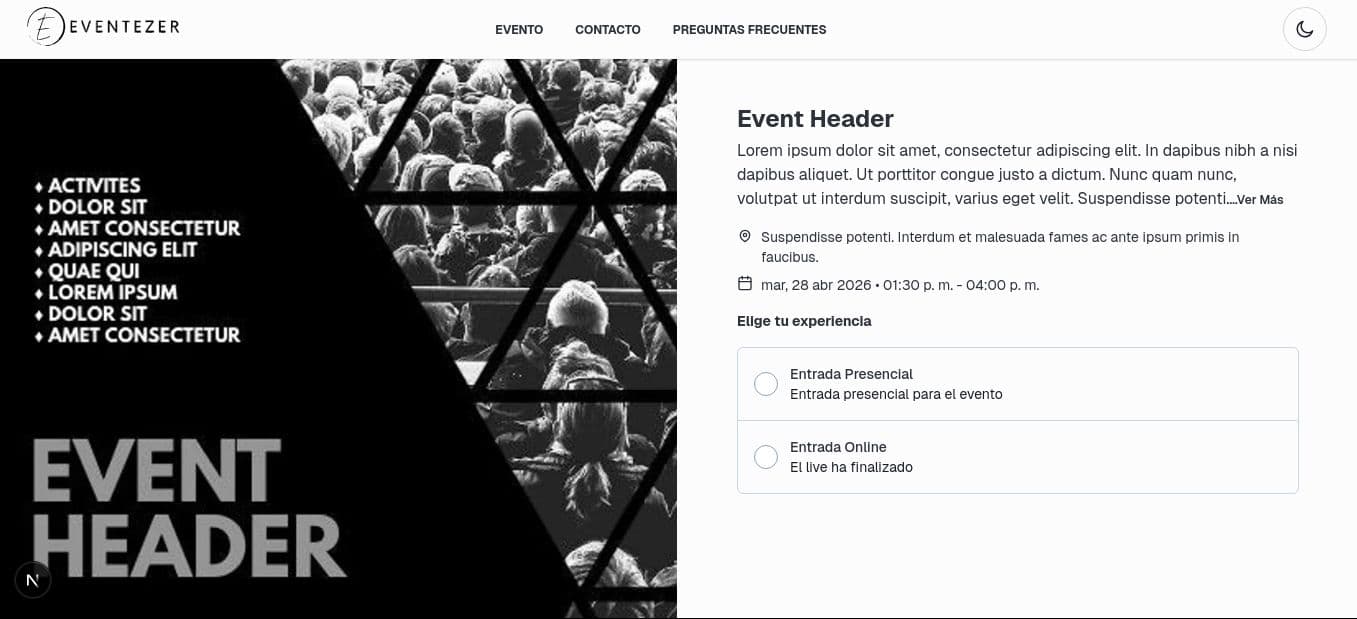 Vista del módulo de ticketing de Eventezer en modo claro.
